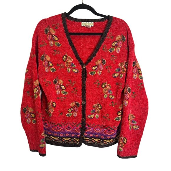Vintage Red Silk Blend Embroidered Cardigan Sweater Sz M Floral Nordic Boho - Picture 1 of 4